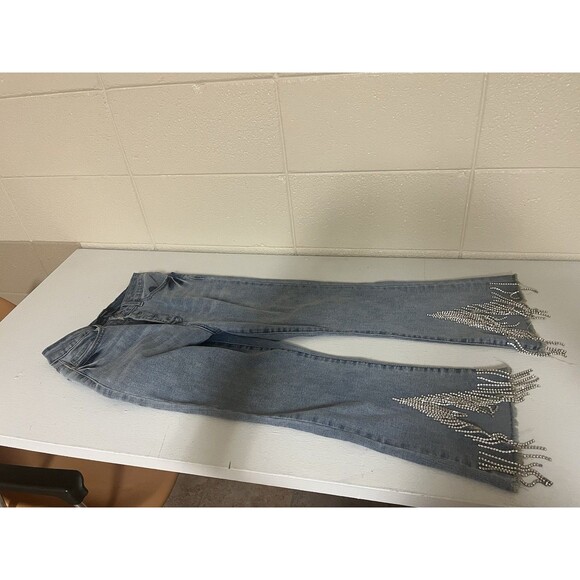 Forever 21 Size 26 Fringe Hem Denim Jeans with Rhinestone Tassels - Picture 1 of 5